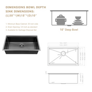30'' W x 18'' D Undermount Kitchen Sink Workstation Sink Single Bowl Stainless Steel Kichae USA