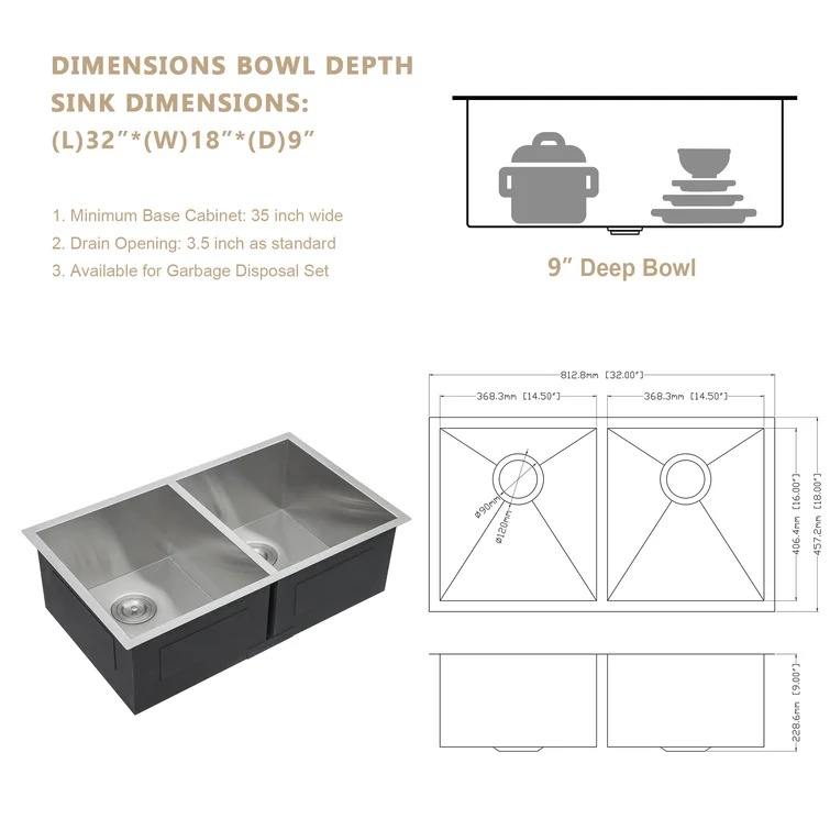 32" W x 18" D Undermount Kitchen Sink Double Equal Bowl Stainless Steel with Accessories