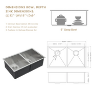 32'' W x 18'' D Undermount Kitchen Sink Double Equal Bowl Stainless Steel with Accessories Kichae USA