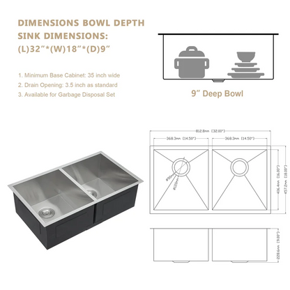 32" W x 18" D Undermount Kitchen Sink Double Equal Bowl Stainless Steel with Accessories