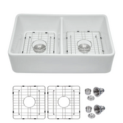 32'' W x 20'' D Farmhouse Kitchen Sink Double Equal Bowl White Ceramic with Basket Strainer Kichae USA