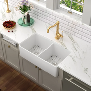 32'' W x 20'' D Farmhouse Kitchen Sink Double Equal Bowl White Ceramic with Basket Strainer Kichae USA