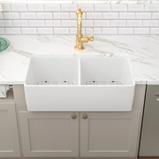 32'' W x 20'' D Farmhouse Kitchen Sink Double Equal Bowl White Ceramic with Basket Strainer Kichae USA