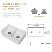 32'' W x 20'' D Farmhouse Kitchen Sink Double Equal Bowl White Ceramic with Basket Strainer Kichae USA
