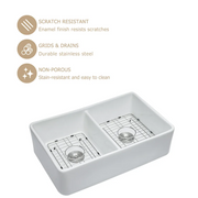 32'' W x 20'' D Farmhouse Kitchen Sink Double Equal Bowl White Ceramic with Basket Strainer Kichae USA