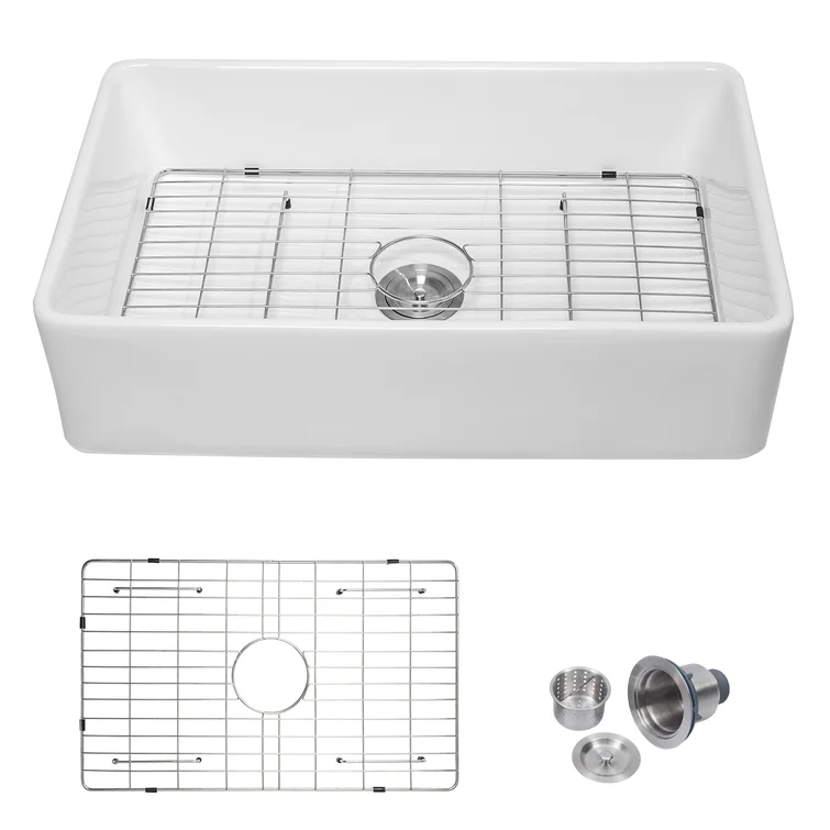 33" W x 20" D Farmhouse Kitchen Sink White Ceramic with Bottom Grid Apron Front