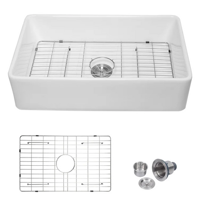 33" W x 20" D Farmhouse Kitchen Sink White Ceramic with Bottom Grid Apron Front