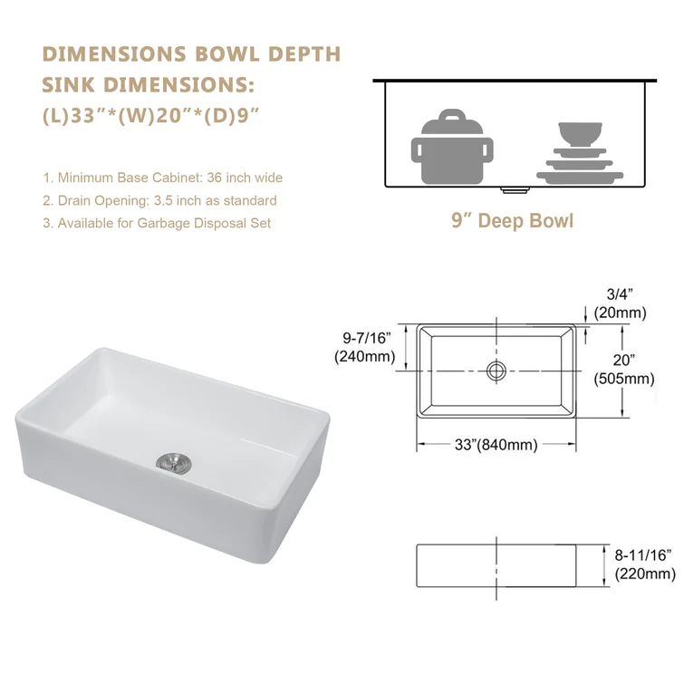 33" W x 20" D Farmhouse Kitchen Sink White Ceramic with Bottom Grid Apron Front