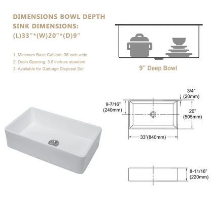 33" W x 20" D Farmhouse Kitchen Sink White Ceramic with Bottom Grid Apron Front