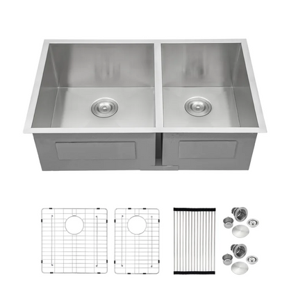 33" W x 19" D Undermount Kitchen Sink Double Offset Bowl 18 Gauge Stainless Steel with Sink Grid