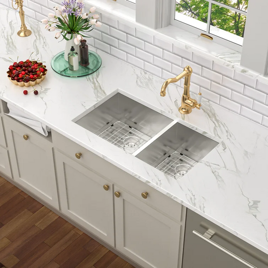 33'' W x 19'' D Undermount Kitchen Sink Double Offset Bowl 18 Gauge Stainless Steel with Sink Grid