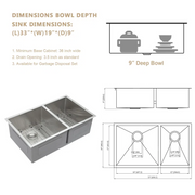 33'' W x 19'' D Undermount Kitchen Sink Double Offset Bowl 18 Gauge Stainless Steel with Sink Grid Kichae USA