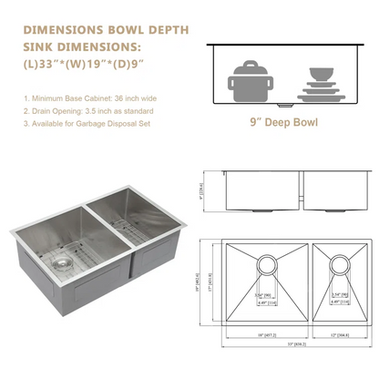 33" W x 19" D Undermount Kitchen Sink Double Offset Bowl 18 Gauge Stainless Steel with Sink Grid