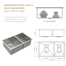 Load image into Gallery viewer, 33&quot; W x 19&quot; D Undermount Kitchen Sink Double Offset Bowl 18 Gauge Stainless Steel with Sink Grid
