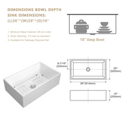 36'' W x 20'' D Farmhouse Kitchen Sink White Porcelain with Accessories Apron Front Kichae USA
