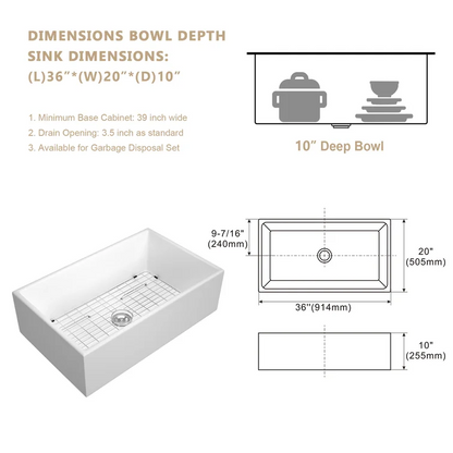 36'' W x 20'' D Farmhouse Kitchen Sink White Porcelain with Accessories Apron Front