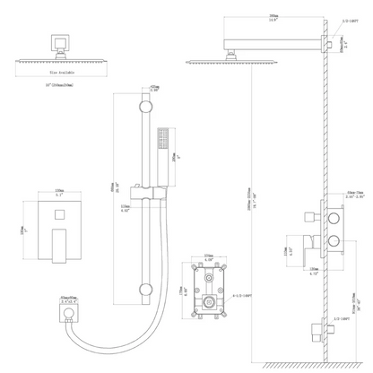 10 Inch Rainfall Square Shower System with Handheld Shower Sliding Bar Wall Mounted