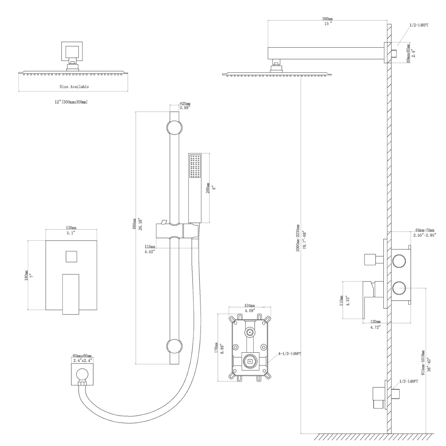 12 Inch Rainfall Square Shower System with Sliding Bar Wall Mounted(Valve Included)