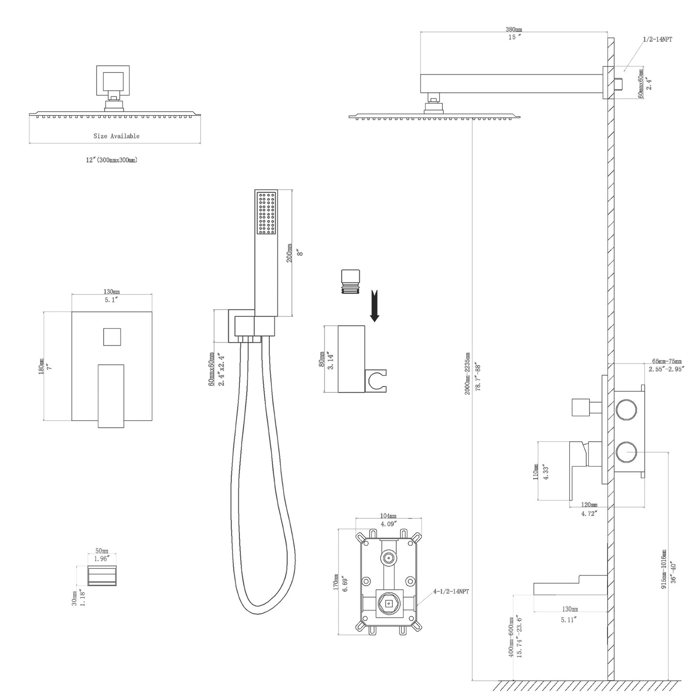 12 Inch Rainfall Square Shower System with Waterfall Faucet Wall Mounted (Valve Included)