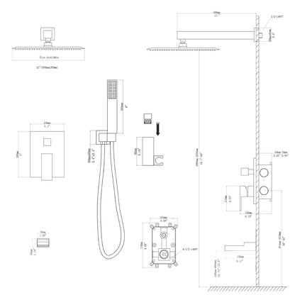 12 Inch Rainfall Square Shower System with Waterfall Faucet Wall Mounted (Valve Included)