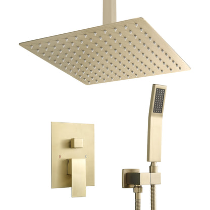 10 Inch Rainfall Square Shower System with Handheld Shower Ceiling Mounted in Gold Brushed (Valve Included)