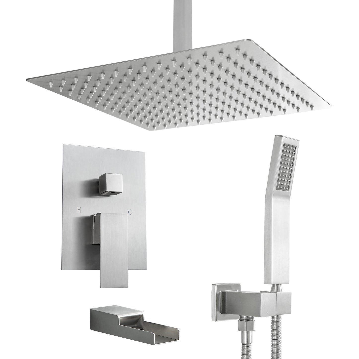 16 Inch Rainfall Square Shower System with Handheld Shower and Waterfall Faucet Ceiling Mounted