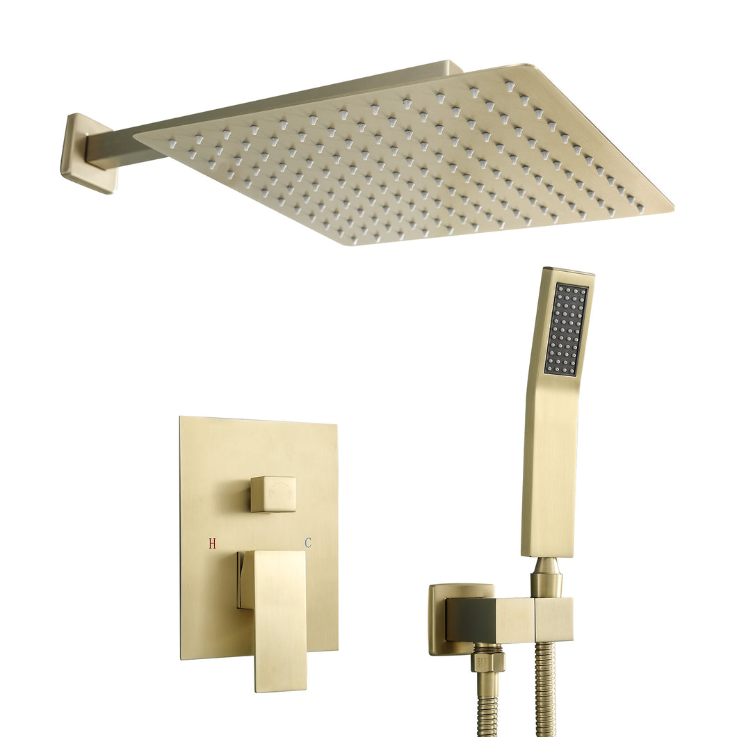 10 Inch Rainfall Square Shower System with Handheld Wall Mounted in Gold Brushed (Valve Included)