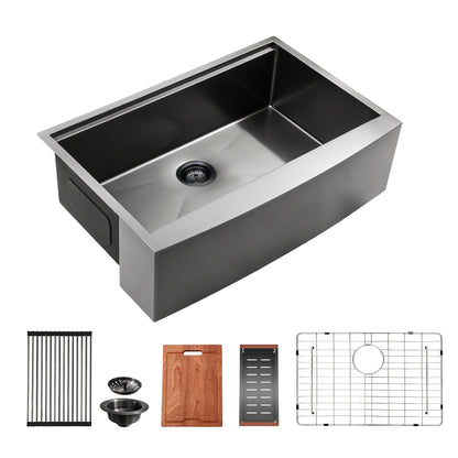 30" W x 22" D Farmhouse Kitchen Sink Single Bowl Stainless Steel in Gunmetal Black Apron Front