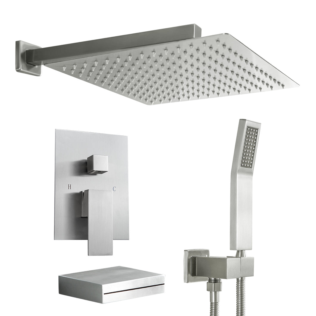 12 Inch Rainfall Square Shower System with Handheld Shower and Linear Faucet Wall Mounted(Valve Included)
