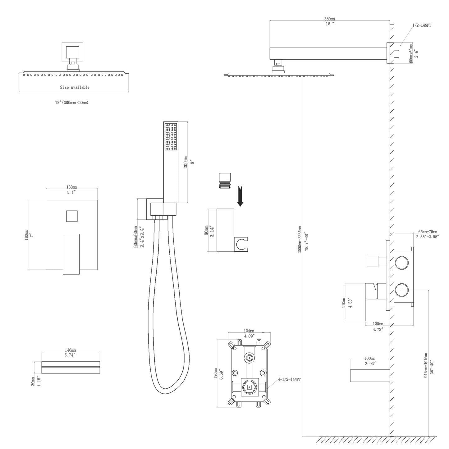 12 Inch Rainfall Square Shower System with Handheld Shower and Linear Faucet Wall Mounted(Valve Included)