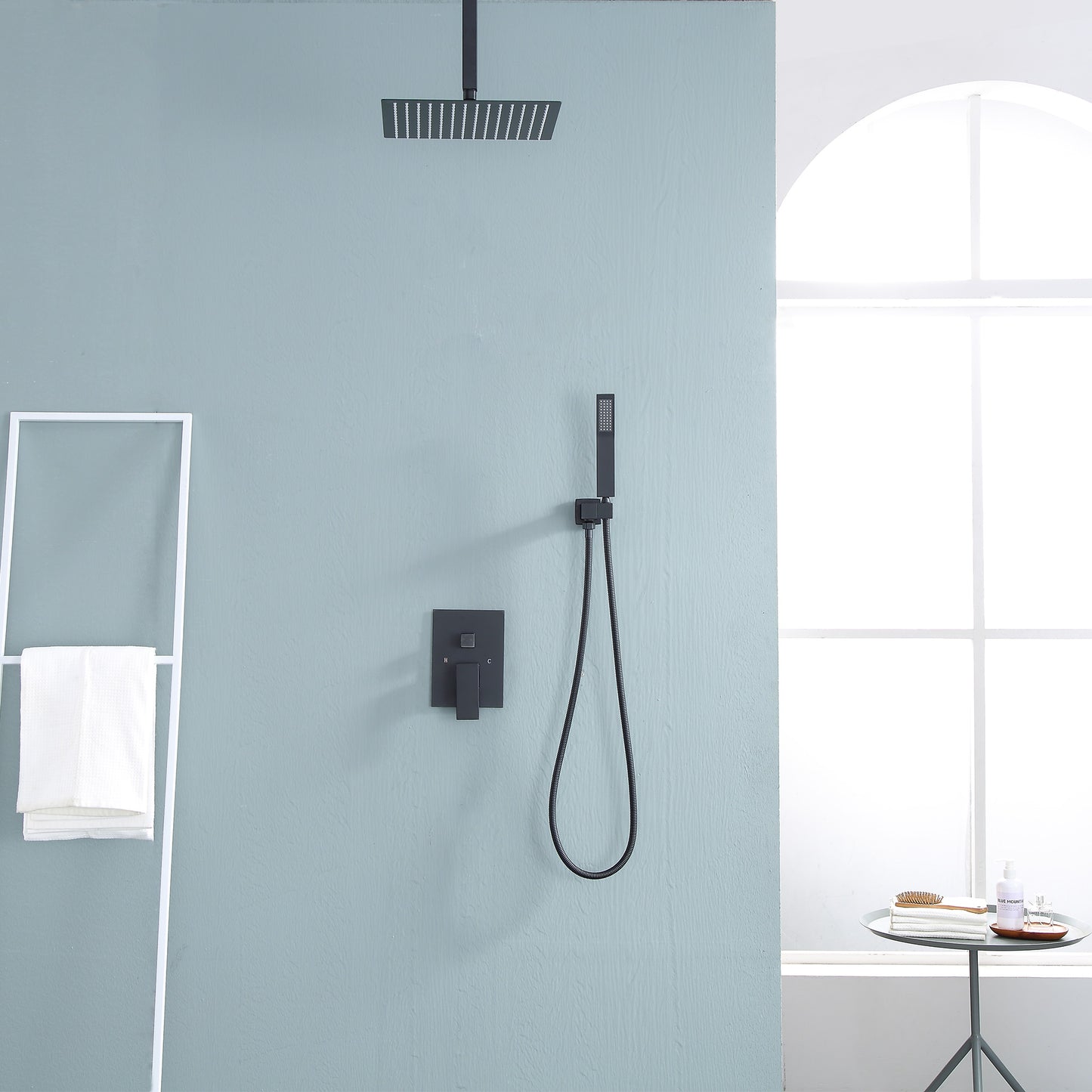 10 Inch Rainfall Square Shower System with Handheld Shower Ceiling Mounted in Matte Black (Valve Included)