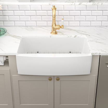 30" W x 21" D Farmhouse Kitchen Sink Thick White Ceramic with Drain Assembly