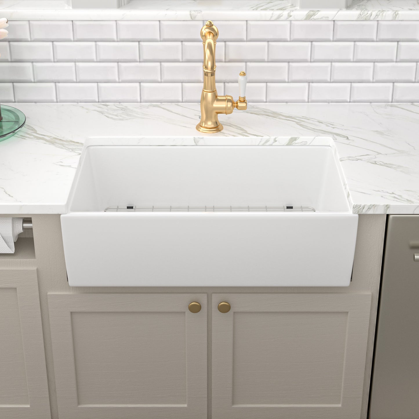 30" W X 18" D Farmhouse Kitchen Sink White Ceramic Reversible Design with Sink Grid Apron Front