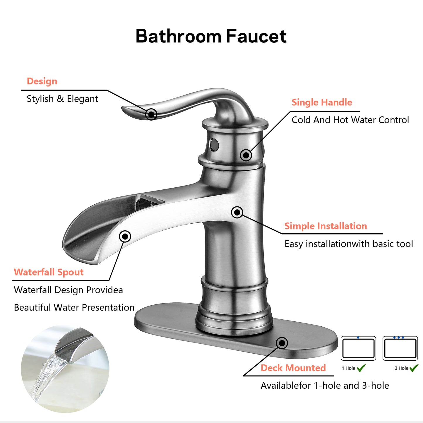 Single Handle Bathroom Sink Faucet Deck Mount Solid Brass