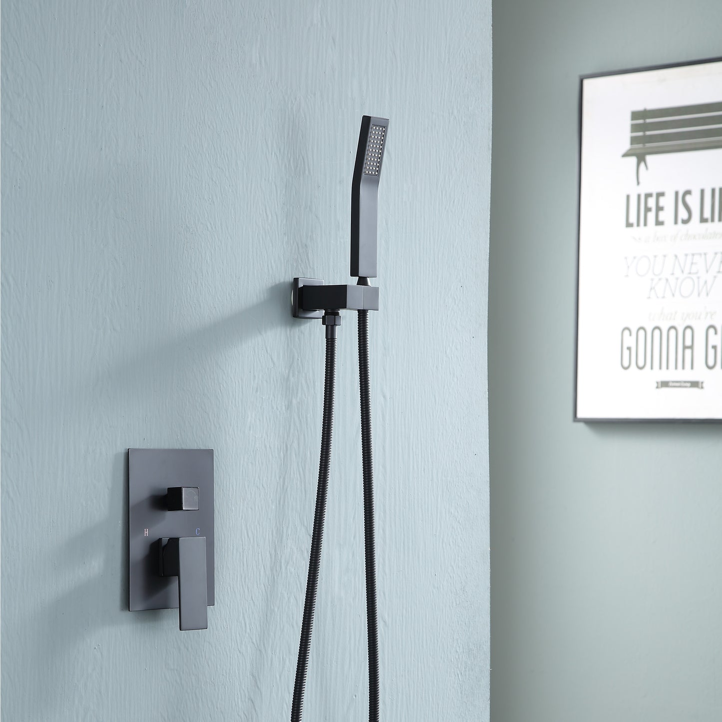 12 Inch Rainfall Square Shower System with Handheld Shower Ceiling Mounted in Matte Black/Gold (Valve Included)