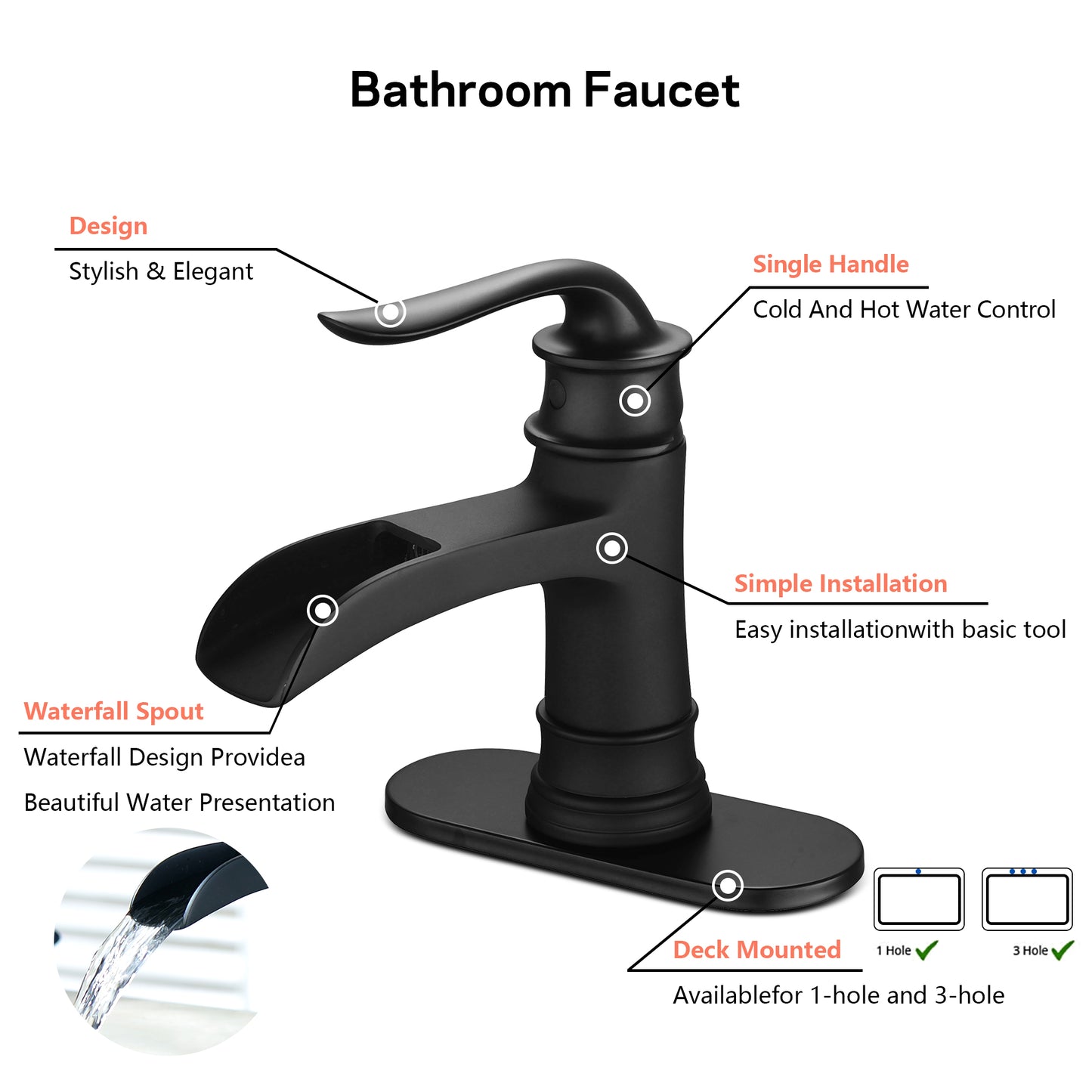 Single Handle Bathroom Sink Faucet Deck Mount Solid Brass