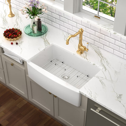 30" W x 21" D Farmhouse Kitchen Sink Thick White Ceramic with Drain Assembly