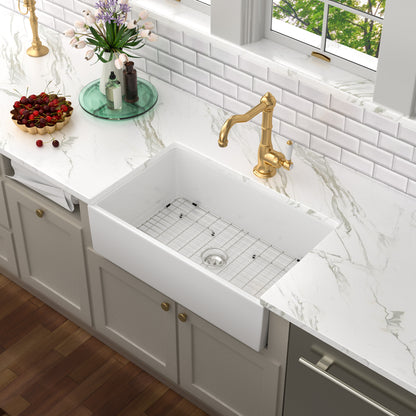 30" W X 18" D Farmhouse Kitchen Sink White Ceramic Reversible Design with Sink Grid Apron Front