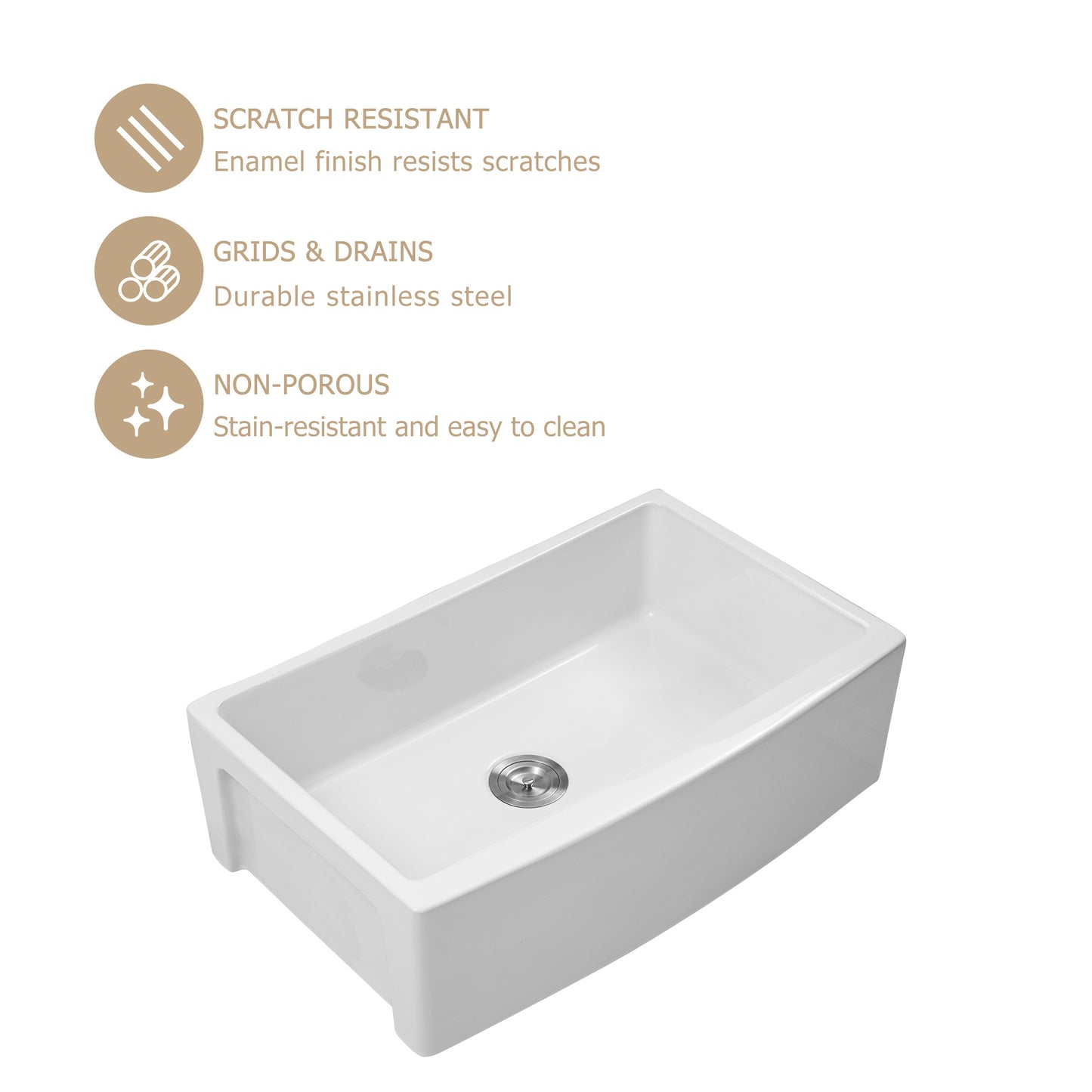 30" W x 21" D Farmhouse Kitchen Sink Thick White Ceramic with Drain Assembly