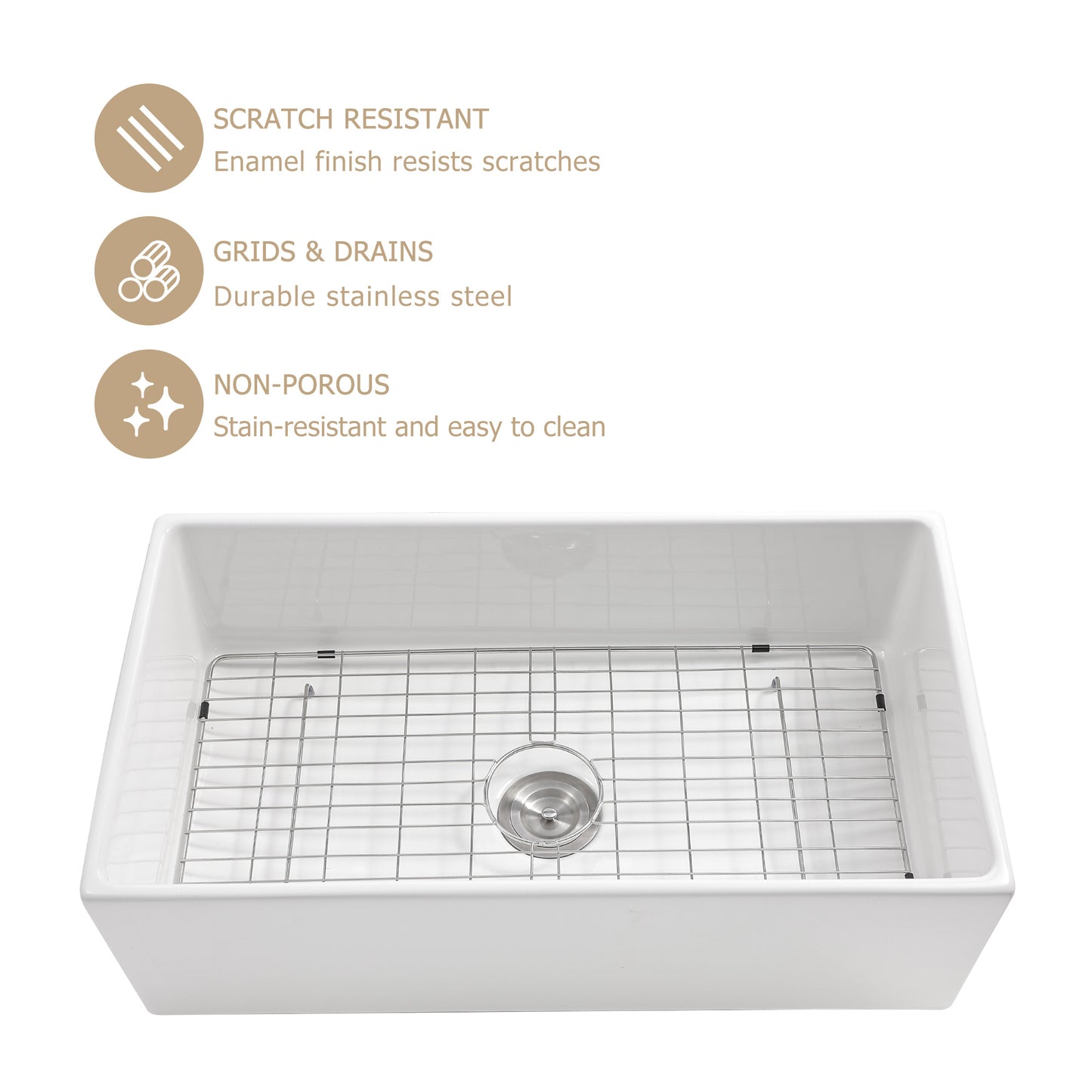 30" W X 18" D Farmhouse Kitchen Sink White Ceramic Reversible Design with Sink Grid Apron Front