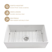 Load image into Gallery viewer, 30&quot; W X 18&quot; D Farmhouse Kitchen Sink White Ceramic Reversible Design with Sink Grid Apron Front
