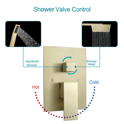 10 Inch Rainfall Square Shower System with Handheld Wall Mounted in Gold Brushed (Valve Included)