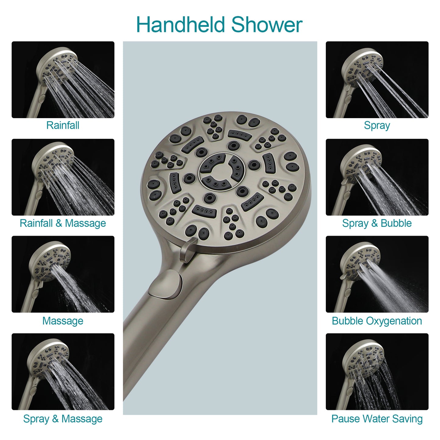 5 Inch Rainfall Round Handheld Shower Head 8 Spray Multi Function Adjustable