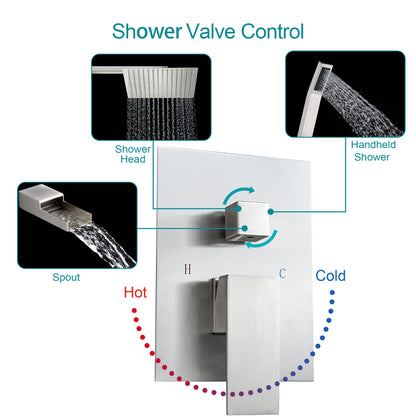 12 Inch Rainfall Square Shower System with Waterfall Faucet Wall Mounted (Valve Included)