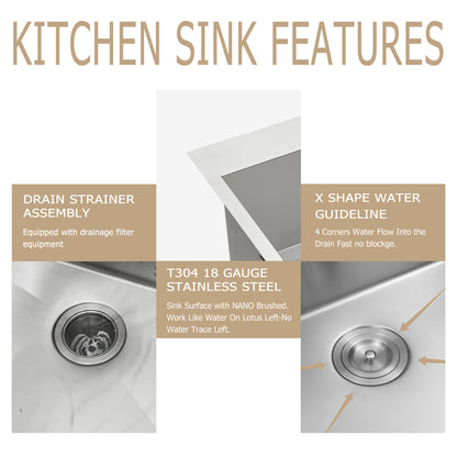 33" W x 22" D Topmount Kitchen Sink Single Bowl Stainless Steel 18 Gauge with Sink Grid