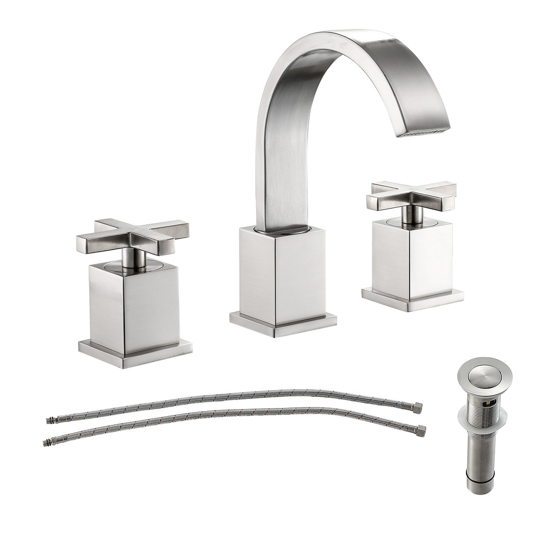 2 Handles Bathroom Sink Faucet 3 Holes with Metal Pop Up Drain and Water Hoses
