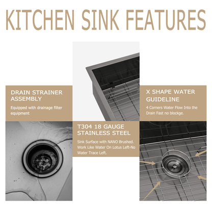 32'' W x 19'' D Undermount Kitchen Sink Gunmetal Black Single Bowl with Right Angle