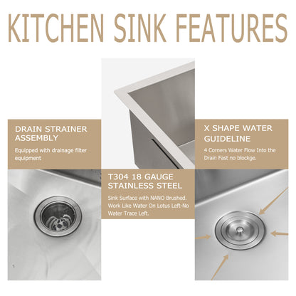 23" W x 18" D Undermount Kitchen Sink Bar Sink Stainless Steel Sing Bowl with Accessories