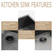 30'' W x 18'' D Undermount Kitchen Sink Gunmetal Black Single Bowl with Right Angle Kichae USA