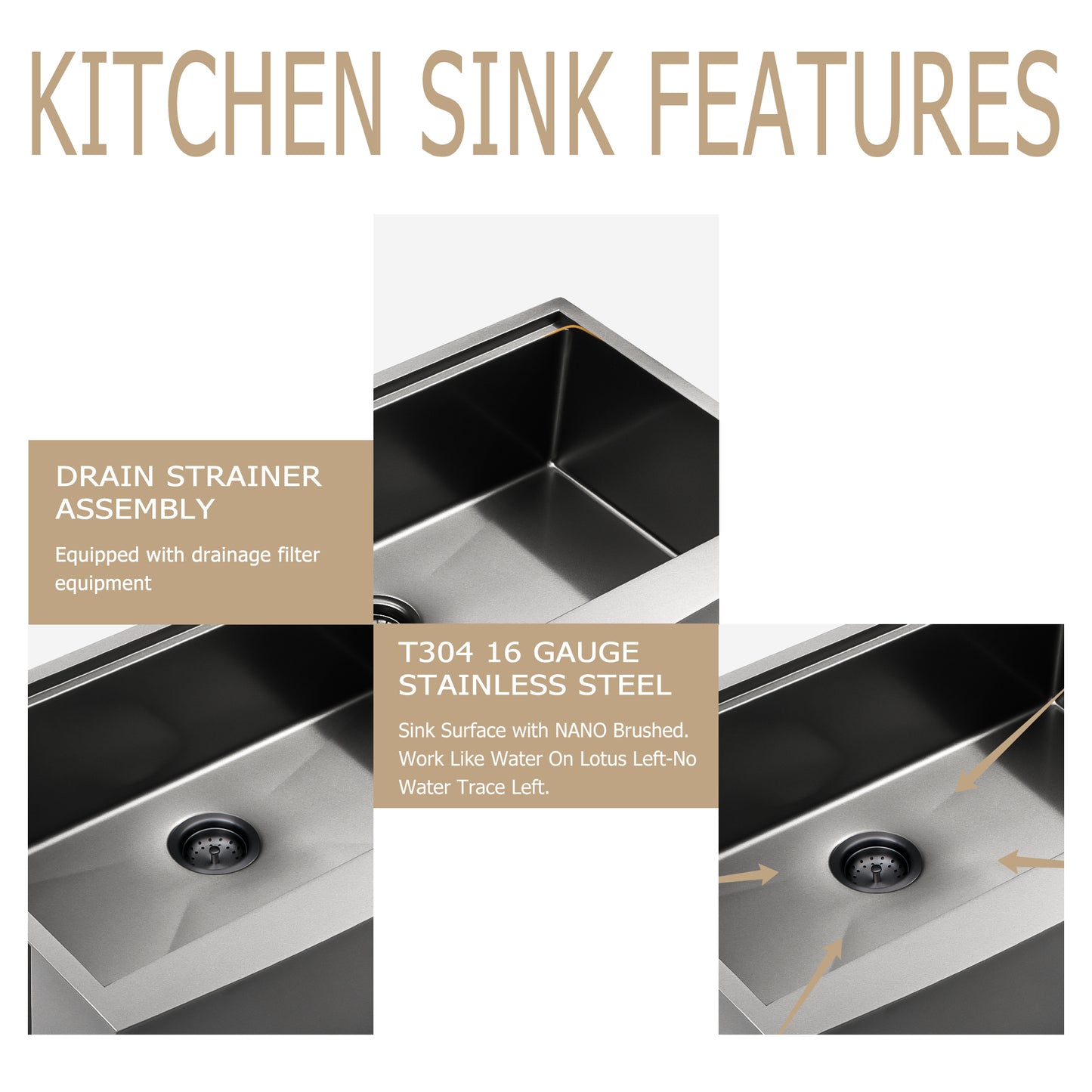 30" W x 22" D Farmhouse Kitchen Sink Single Bowl Stainless Steel in Gunmetal Black Apron Front